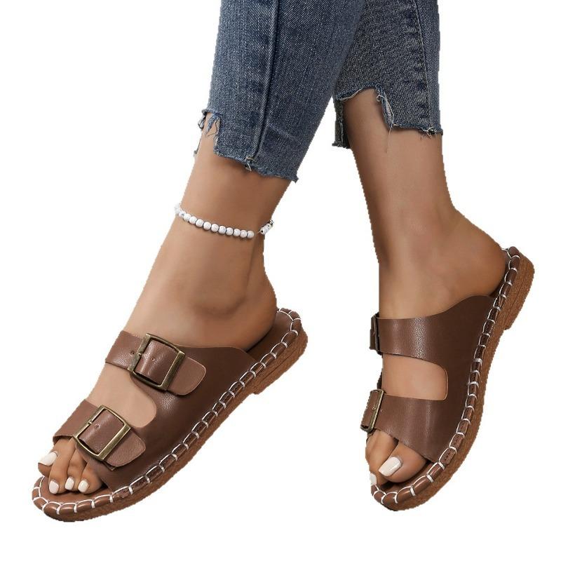 Women's Wide Width Buckle Sandals, Square Toe Peep-Toe Slides, Comfortable Outdoor Beach Slippers for Women