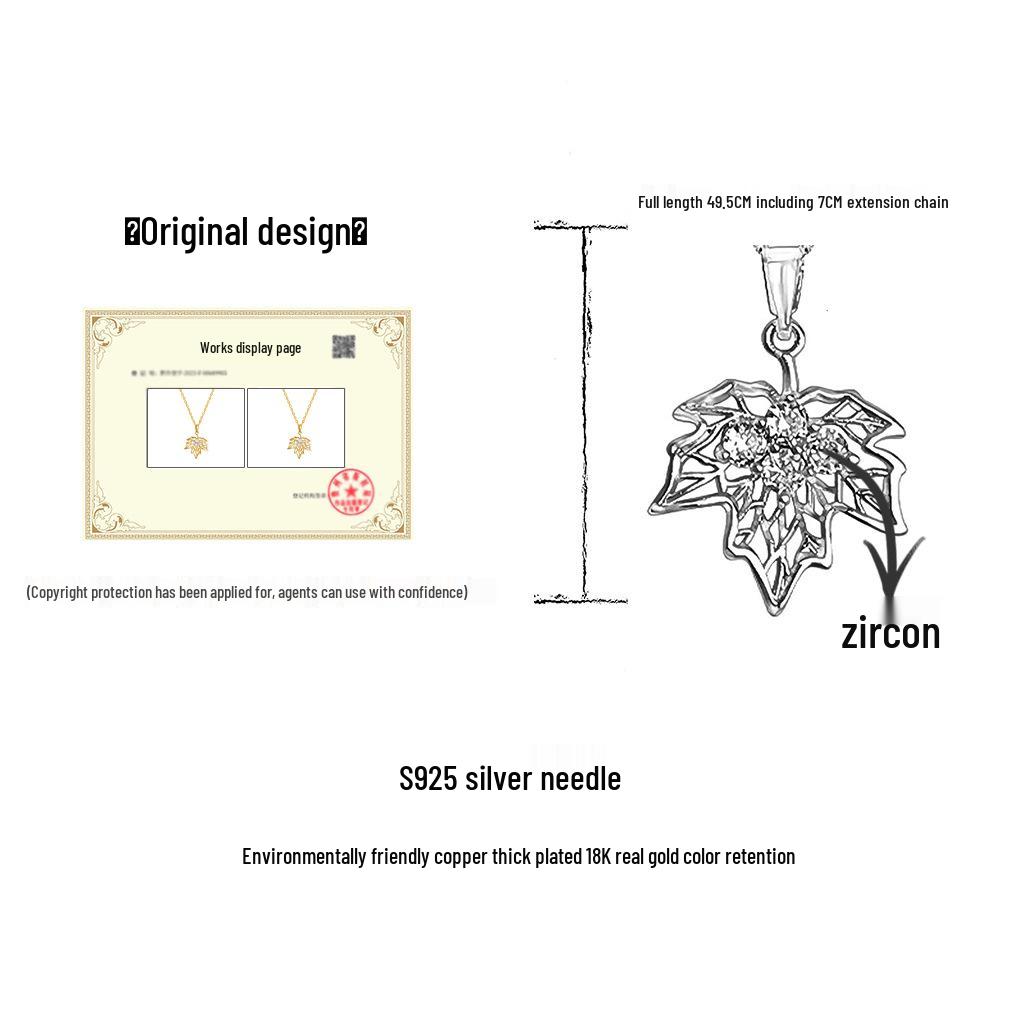 Elegant 18k Gold Filigree Maple Leaf Necklace with Zircon Details – Light Luxury Sweater Chain