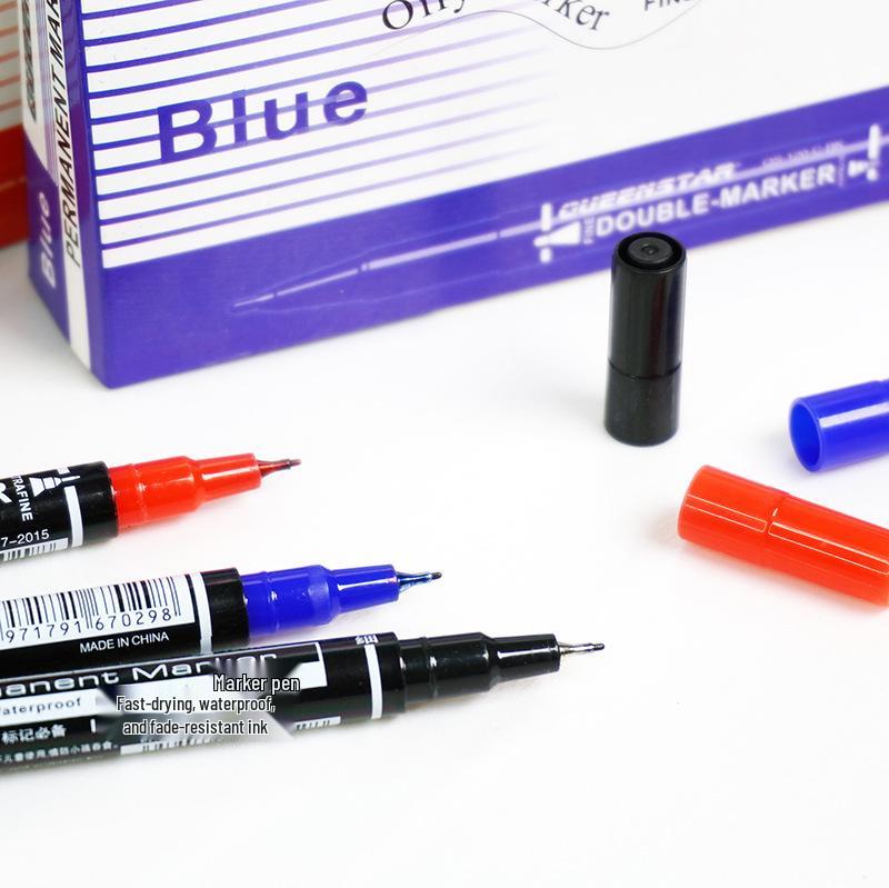Oil-Based Double-Ended Marker Pen Set: Black, Blue, Red - Quick-Drying, Fade-Resistant, Fine Liner for Art.