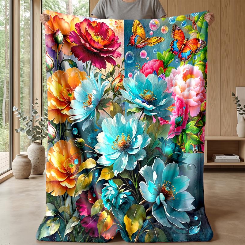 Vibrant Flower Bouquet with Butterflies Theme blanket Lightweight Warm Flannel Blanket Decorative Throw Blanket for Home Decoration