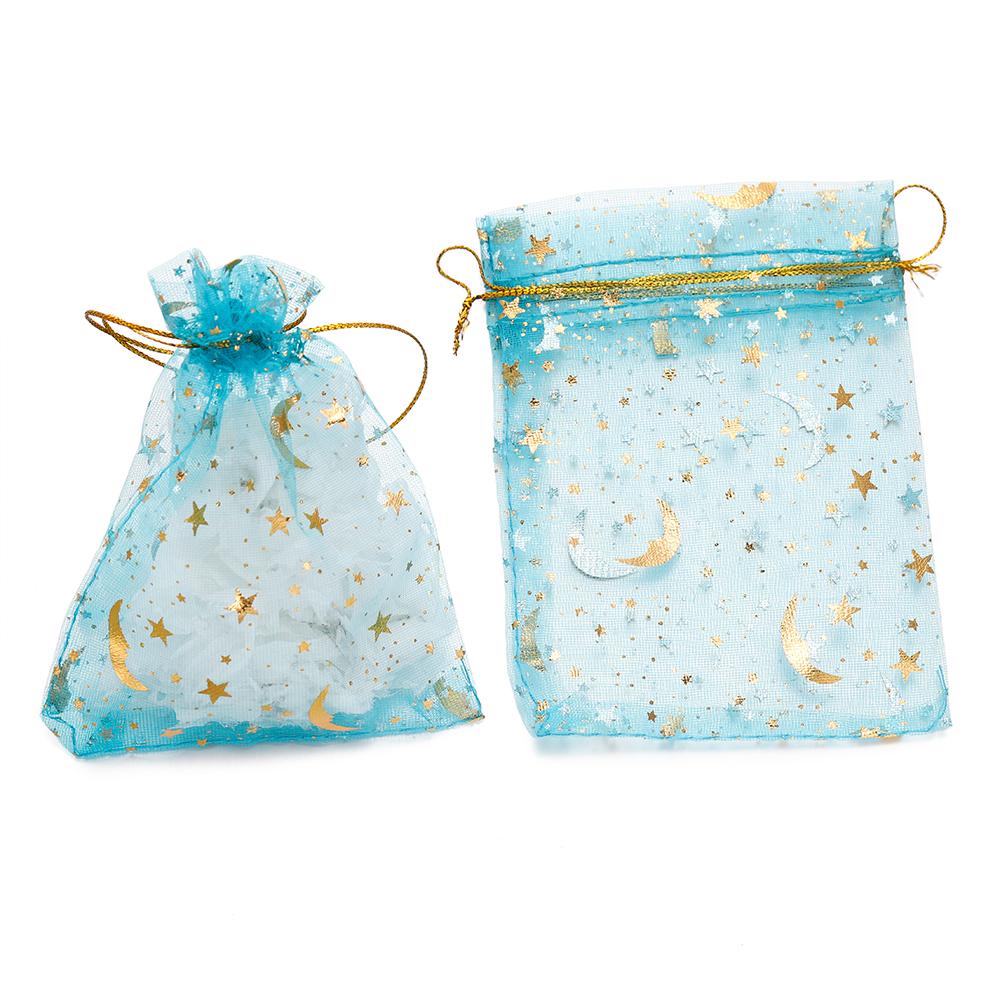 50pcs/Lot 7x9 9x12 10x15 13x18cm Printing Star Moon Christmas Organza Sack Drawstring Charm Packaging Bags Daily Jewelry Making