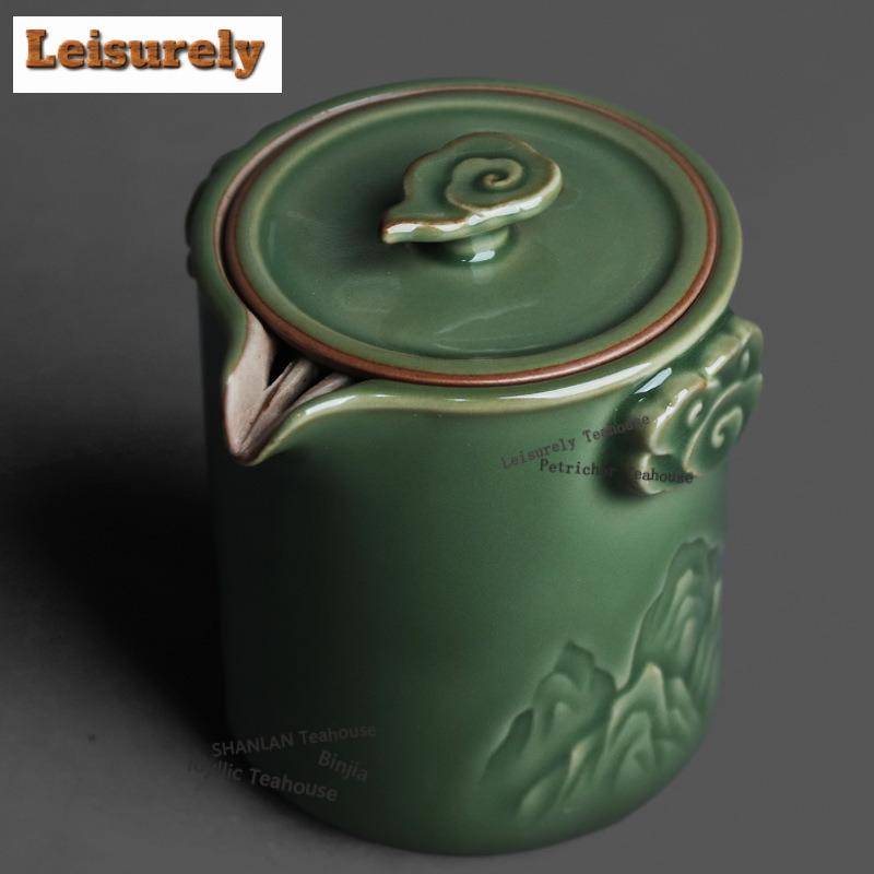 111ML Yue Kiln Relief Mountain Handheld Teapot Handmade Tea Infuser Pot Tea Maker Kettle With Filter Teaset Decoration Craft