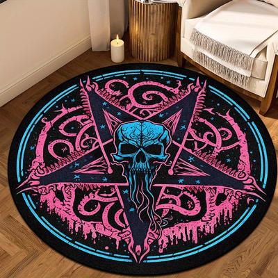 VIKAMA Punk Gothic Skull Pentagram Round Carpet Occult Mystic Non‑Slip Circular Rug for Bedroom Game Room Home Decoration