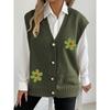 Womens Winter Knit Vest Loose V-Neck Open Front Cardigan With Pearl Buttons 3D Floral Embroidery
