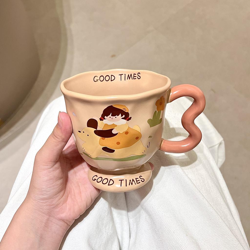 High-value Mug Ceramic Cup with Lid and Spoon Cute Drinking Cup Girls Office Coffee Breakfast Cup