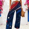 Women Plus Size Red Blue White Star Printed Loose Wide Leg Full Length Casual Pants