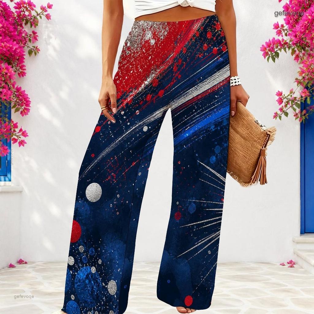 Women Plus Size Red Blue White Star Printed Loose Wide Leg Full Length Casual Pants
