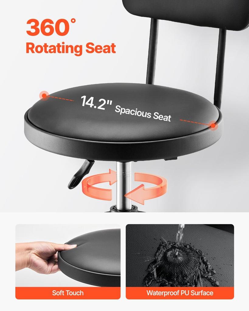 Shop Stool Adjustable Height Garage Work Seat 300 lbs Load with Backrest