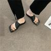 Square Head Metal Buckle Toe Slippers Women's Summer Wear Flat Bottom Thin Personality Set Toe Roman Sandals Women's Shoes