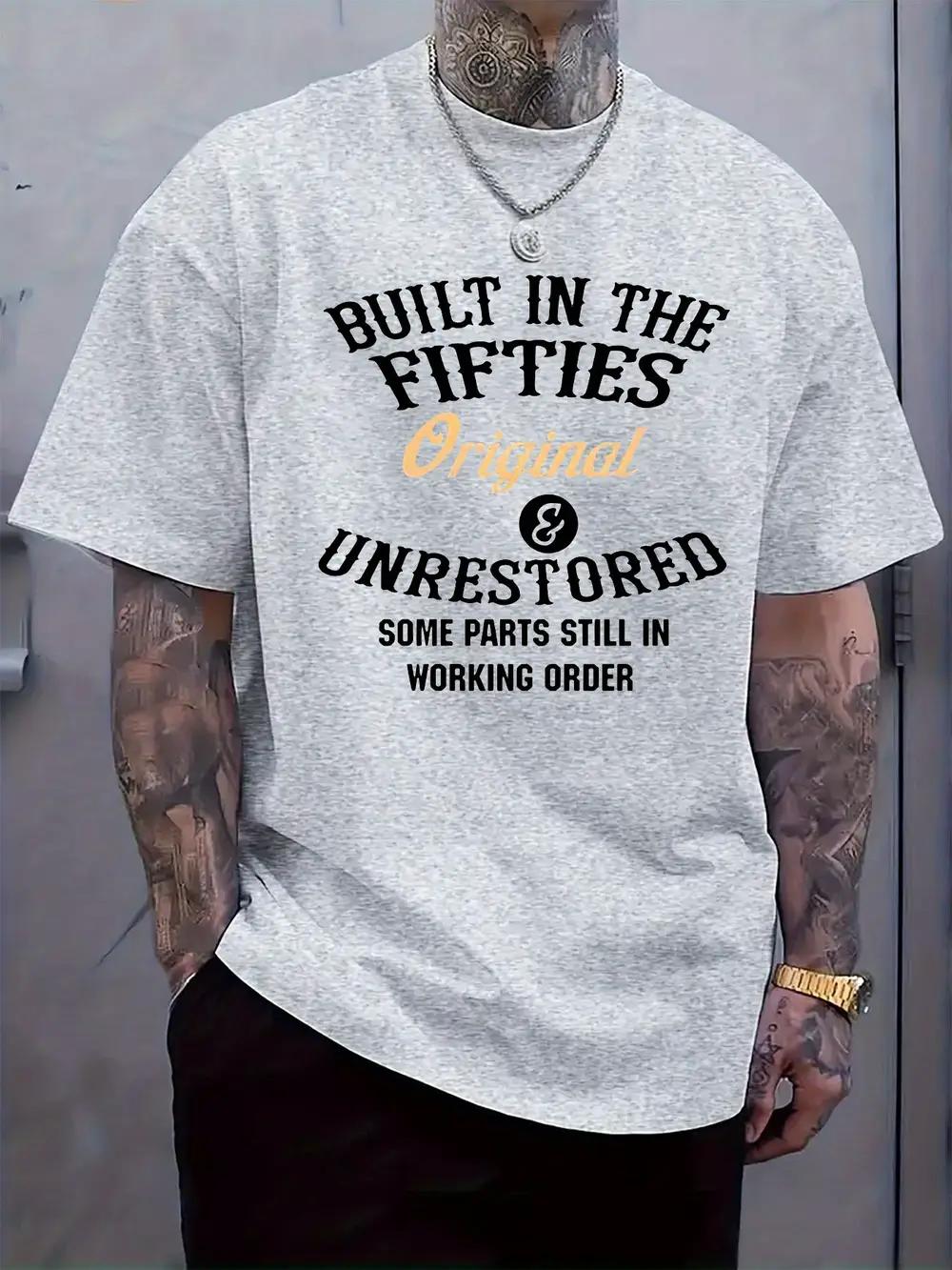 

Vintage 1950s Retro Graphic T-shirt - Built in the Fifties Slogan Print XL