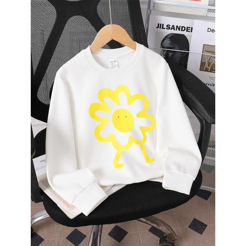 European Sizes Kids' Crewneck Sweatshirt - Yellow Flower with Face And Legs , Sportswear And Casual Wear, Soft And Comfortable, Children's Clothing