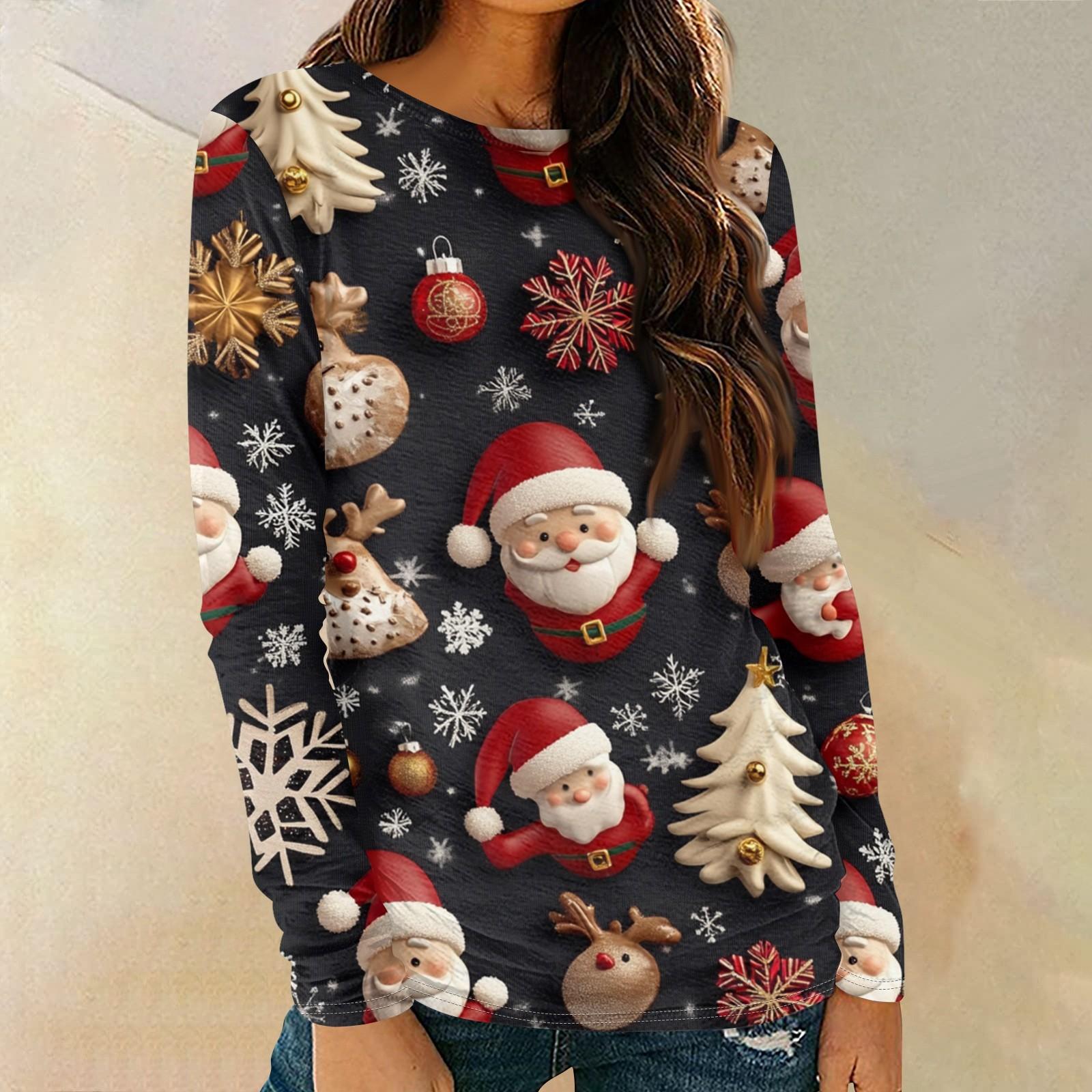 

Женская мода круглый вырез пуловер с глубокими рукавами футболка с рождественским принтом топ XL чёрный