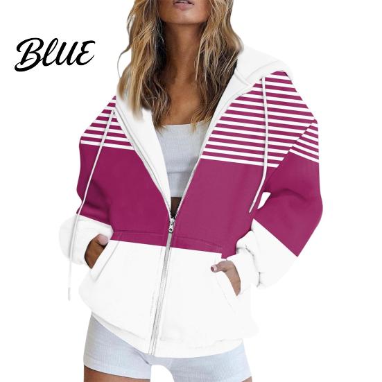 Loose Fit Women Jacket Fall Winter Hoodie Zipper Closure Casual Breathable Striped Coat with Pockets Drawstring Hooded Long Sleeves Top