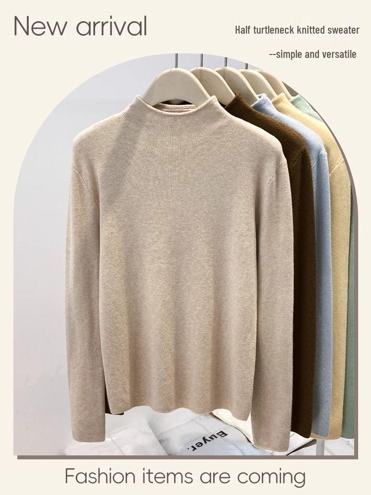 Women's High-End Slim Fit Long Sleeve Knit Sweater – Soft Semi-High Neck Base Layer for Autumn/Winter