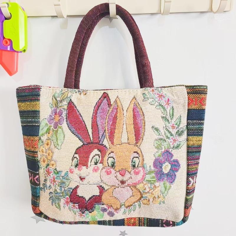 Canvas bag, women's large-capacity double-sided embroidered animal handbag, mommy bag, go shopping, handbag