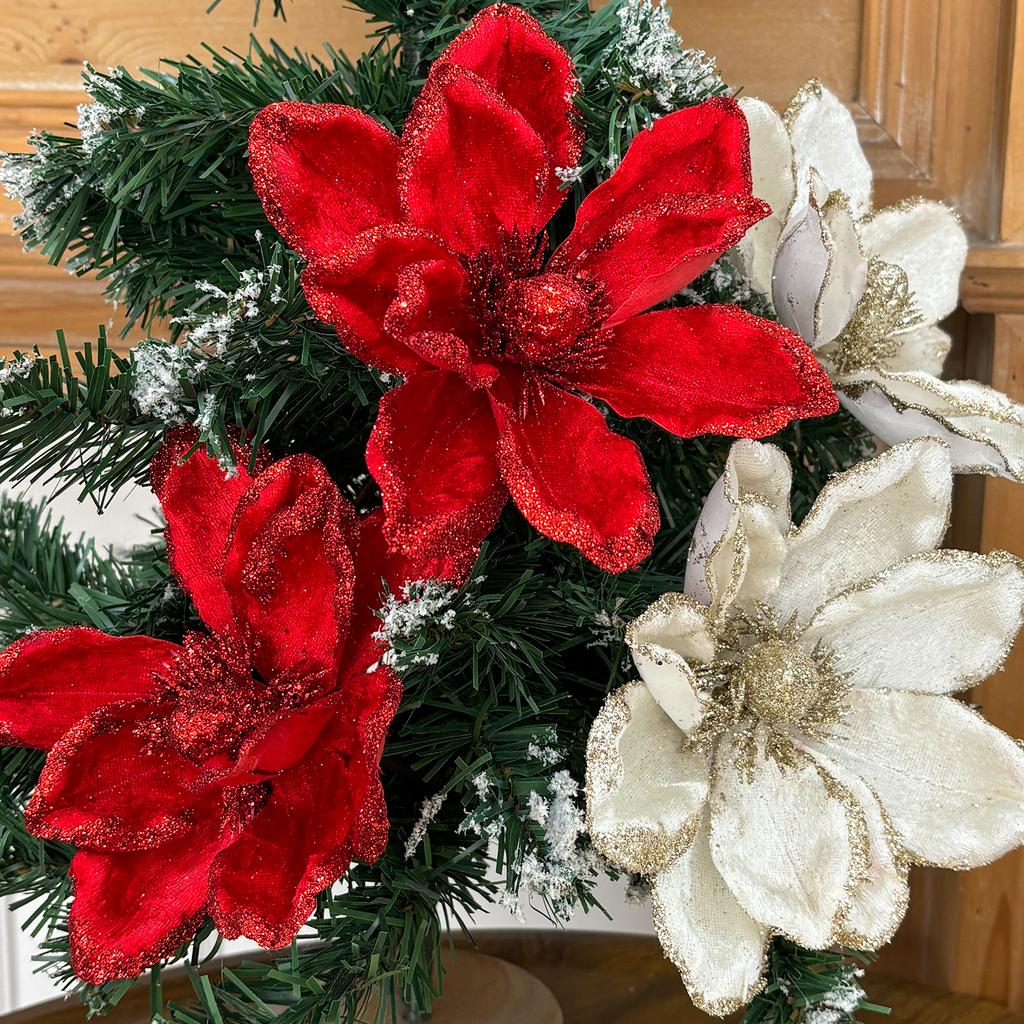 20/1pcs Three-Layer Artificial Christmas Flower Glitter Fake Flowers Florals with Branch for Xmas Tree Ornament Party Home Decor