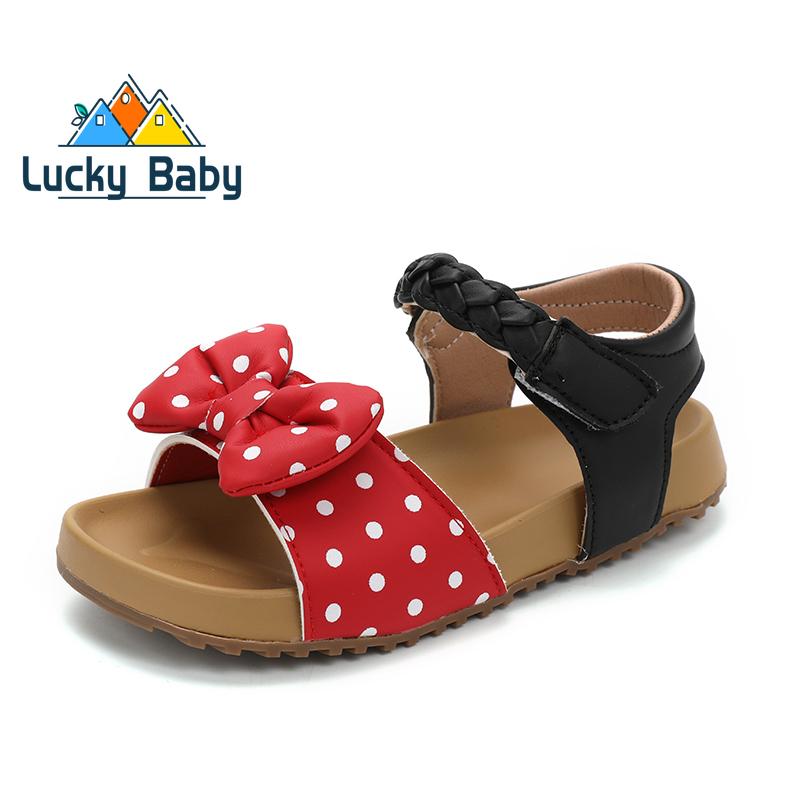 Girls Butterfly-knot Sandals  Summer New Girls Princess Polka Dots Summer Dress Shoes Red Black Soft Toddler Flats Shoes 23