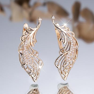 Charm Female White Crystal Zircon Stone Feather Hoop Earrings Gold Color Simple Wedding Jewelry For Women