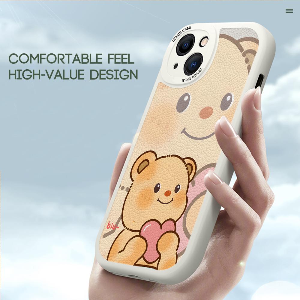 Cartoon Bär Weiches PU-Leder Vollständiger Objektivschutz Hülle für iPhone 15 14 13 12 11 Pro Max Huawei P30 Pro P40 Lite Vivo Y15 Y18 Y20