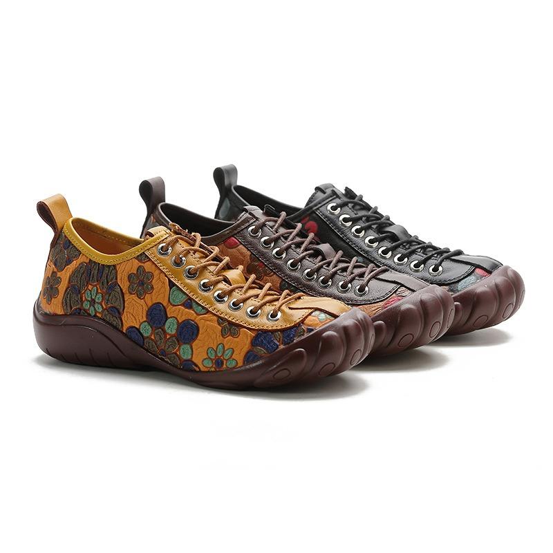 Printed front lace-up bag head deep mouth women's shoes leather soft sole heel wear-resistant soft sole fashionable