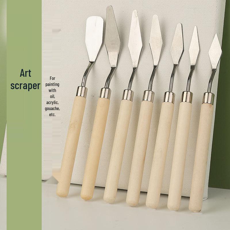 Student Art Stainless Steel Palette Knife - Wooden Flat Head, Pointed Gouache Scraper