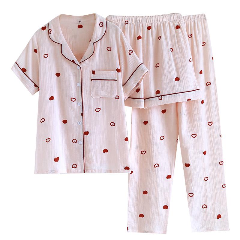 Sommer Baumwollgarn Pyjama Damen Kurzarm Shorts Hose Dreiteiliges Set Liebesdruck Umlegekragen Locker Loungewear