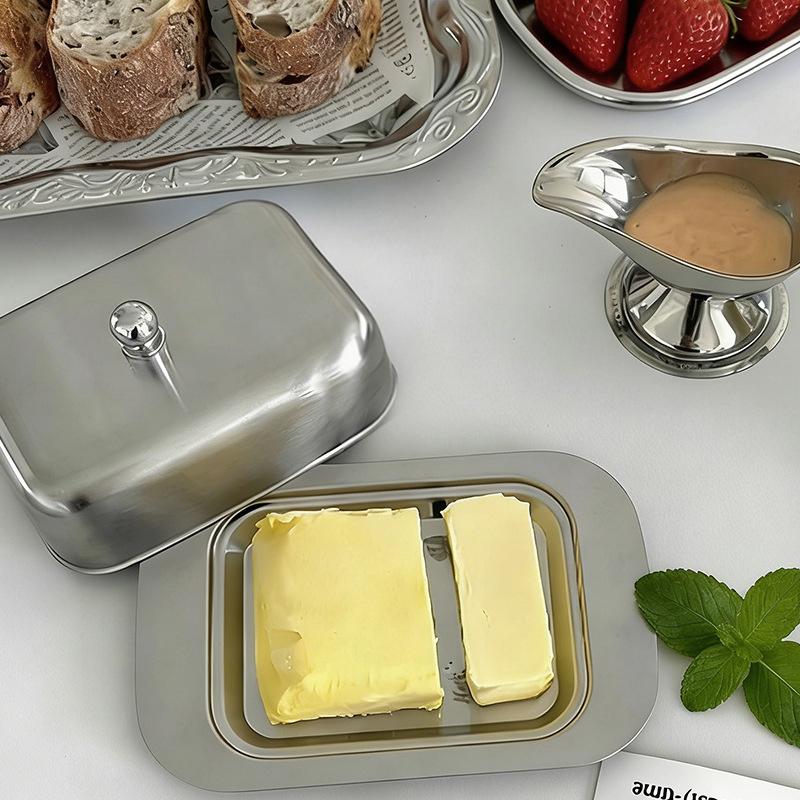 1Pc Stainless Steel Butter Dish With Lid Handle Cover Design, Solid Cheese/Butter Container With Cover, Dessert Cheese Bread Box