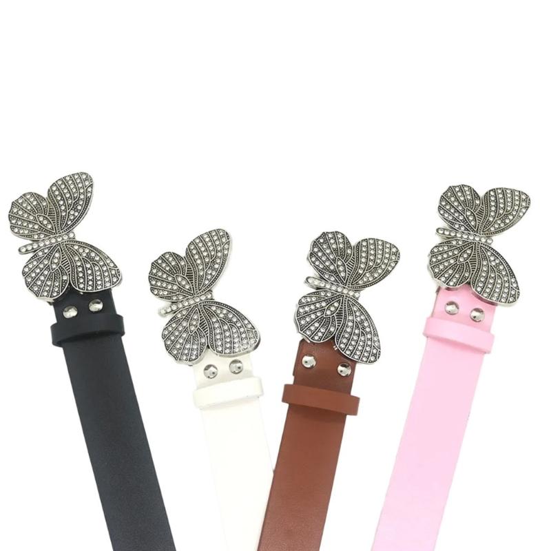 PU Waist Belt with Diamond Butterfly Buckle Adjustable Length Waist Belt Woman Girls Jeans Skirt Coat Decors Waistband