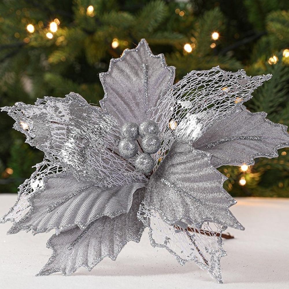 New 24cm Poinsettia Glitter Flower Large Fake Flowers Christmas Flowers DIY Wedding Decor Xmas Tree Decorations