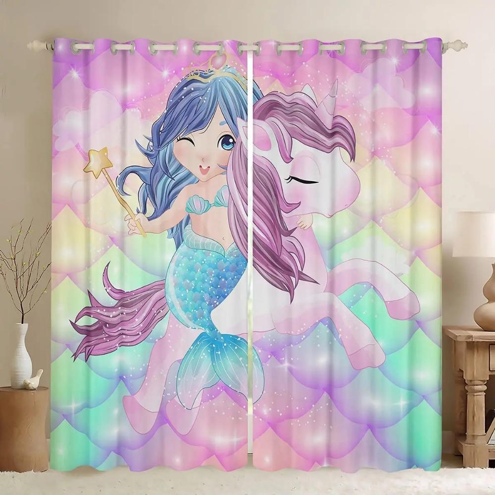 Bed Chamber Blackout Style Drapes Ombre Beauty Mermaid Fish Scale Thermal Insulated Room Darkening Drapes for Living Area Room Drapes