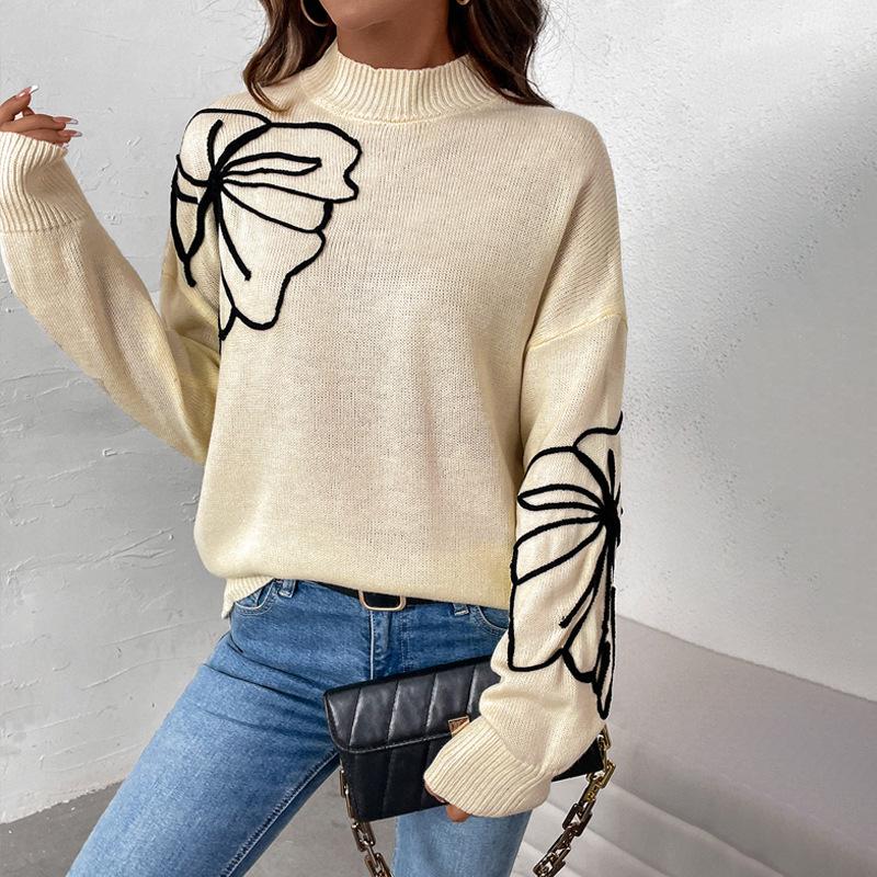2026 European & American High Neck Floral Long Sleeve Sweater for Women - Autumn & Winter Fashion