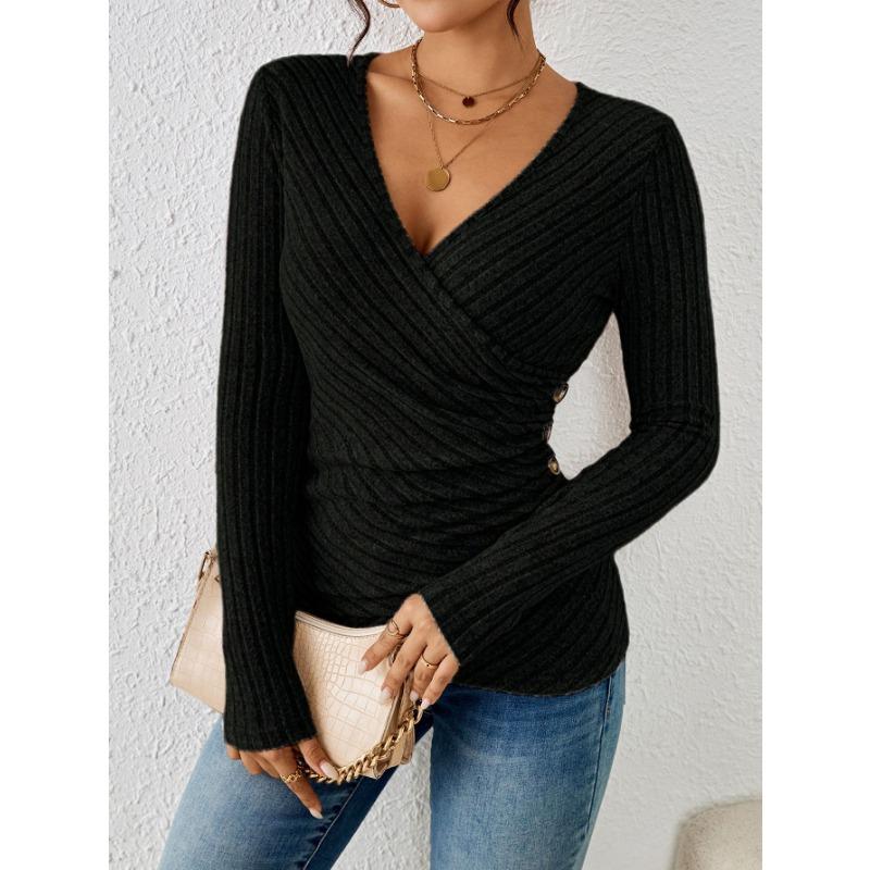 

Женский весенне-осенний однотонный повседневный топ с V-образным вырезом и длинными рукавами для женщин, пуловеры и топы с длинными рукавами для женщин XXL чёрный