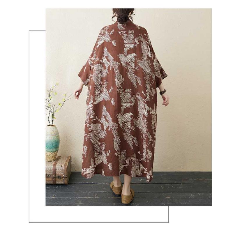 Temperament Literary Vintage Printed Stand Collar Loose Oversized Vacation Dresses
