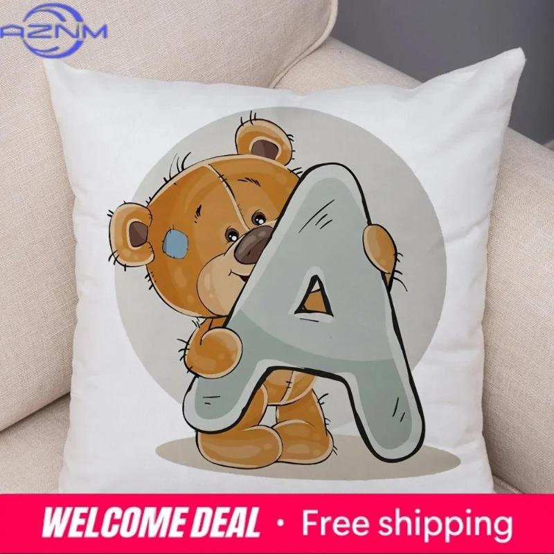 Cute Cartoon Bear Animal Cushion Cover Sofa Children'S Room English Letter Print Pillowcase With Zipper Cushion Cover