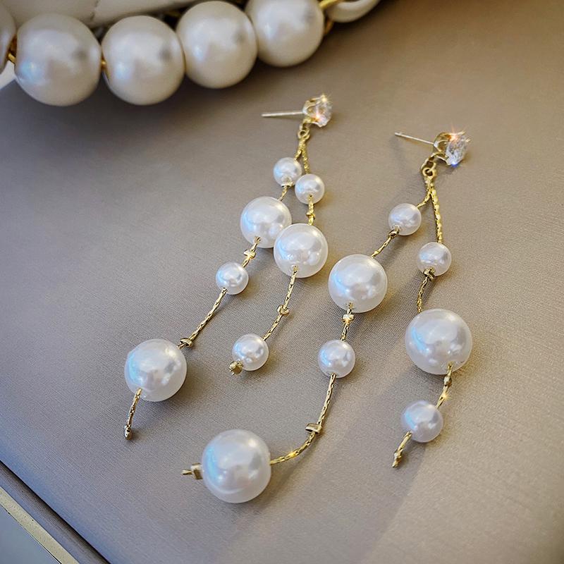 

S925 Copper Needle Long Imitation Pearl Tassel Earrings New Temperament Net Red High-end Temperament Earrings Zircon Oorbellen золотий