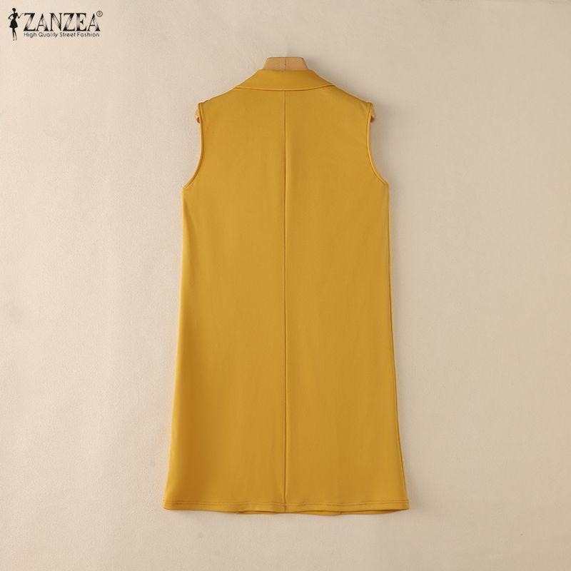 ZANZEA Women Casual Turn Down Collar Solid Color Loose Sleeveless Dress