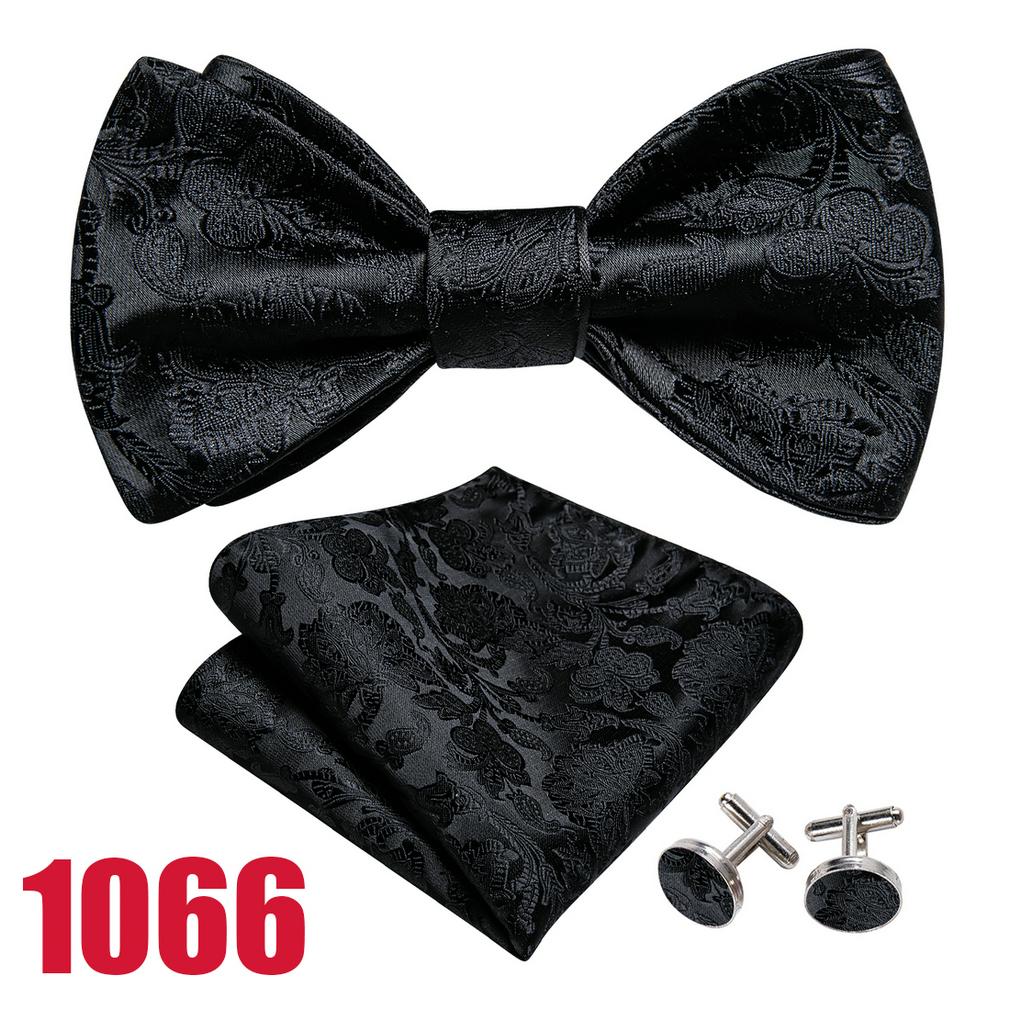 Barry.Wang Herren Fliege Einstecktuch Manschettenknöpfe Schwarz Gelb Elfenbein Schmetterling Fliege Set