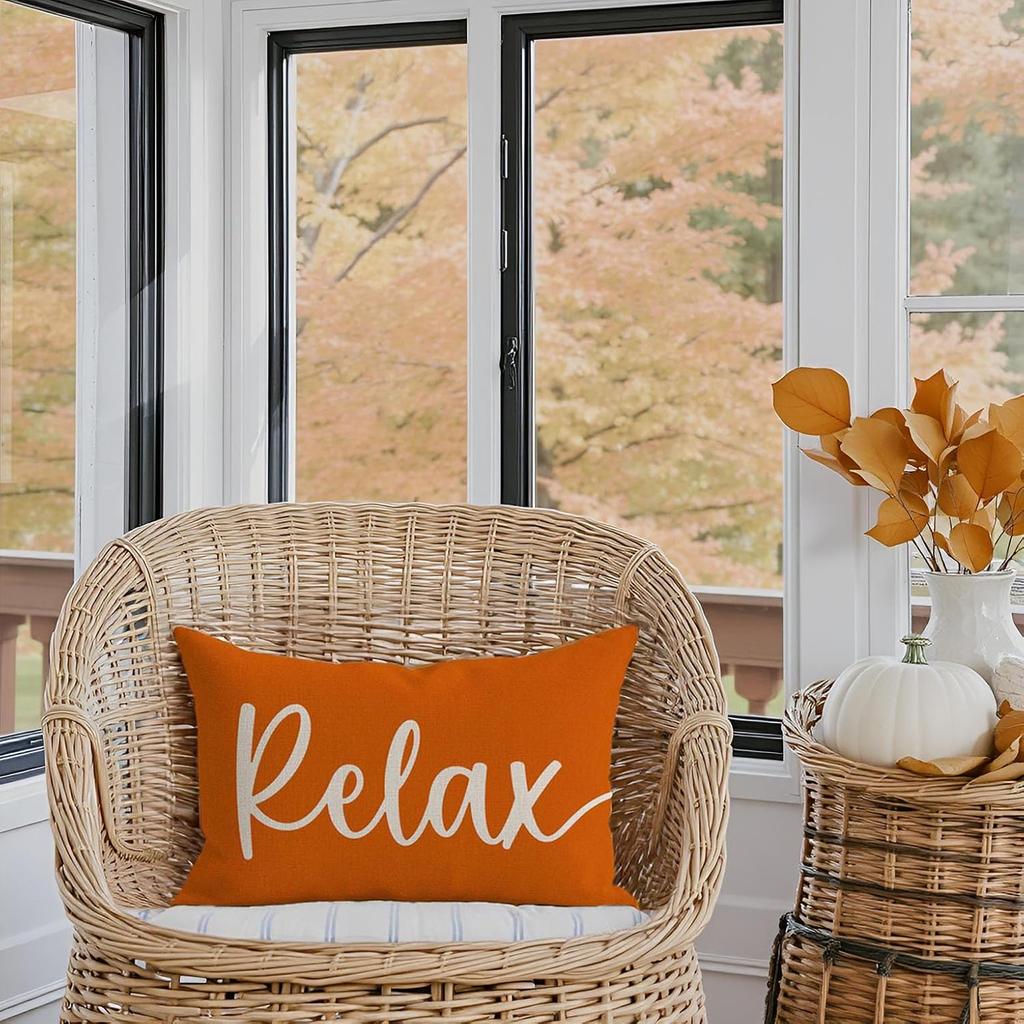 Welcome to Our Happy Place Relax Decorative Throw Pillow Covers 12x20 Inch Set of 2 Orange Outdoor Farmhouse Spring Fall Decor Lumbar Cushion Case
