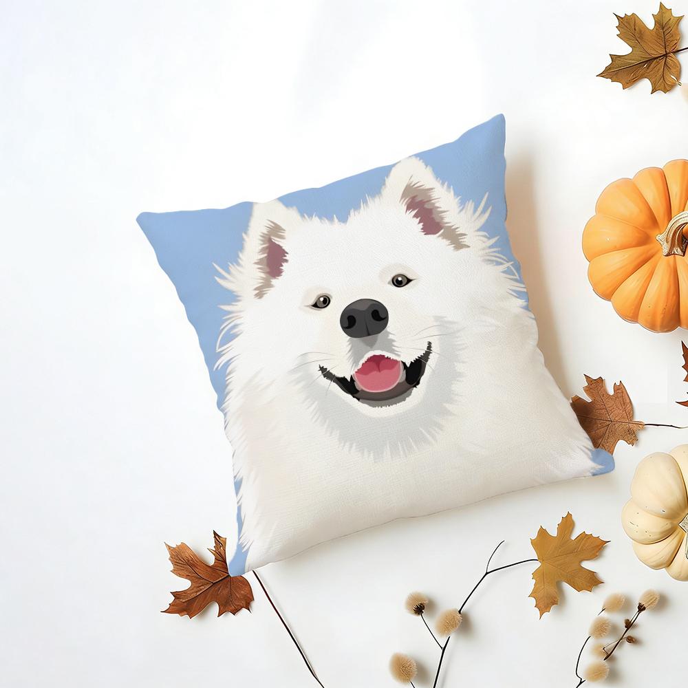 Casual Fluffy Smiling Dog Samoyed Cushion Cover Washable Linen Pillowcase Soft for Daily Sofa Bed Home Room Decor