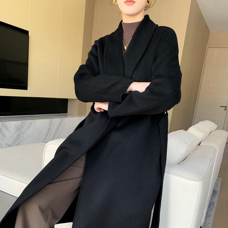 Women's Double-Faced Wool Overcoat with Tie Waist - Extra Long Lapel, Autumn/Winter.