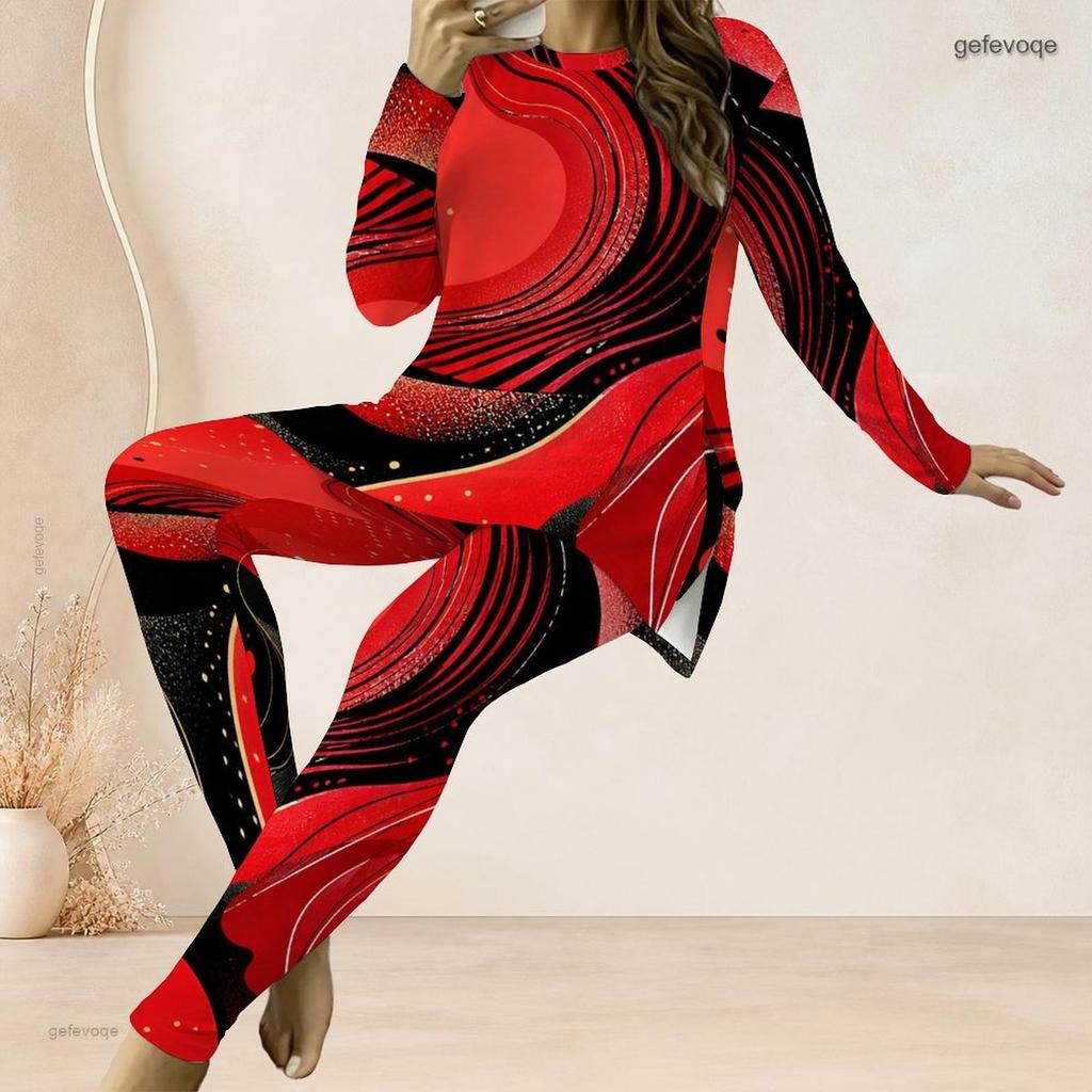 Women Plus Size Two Piece Pants Set Round Neck Long Sleeve Nebula Printed Longline Top And Fitted Pants