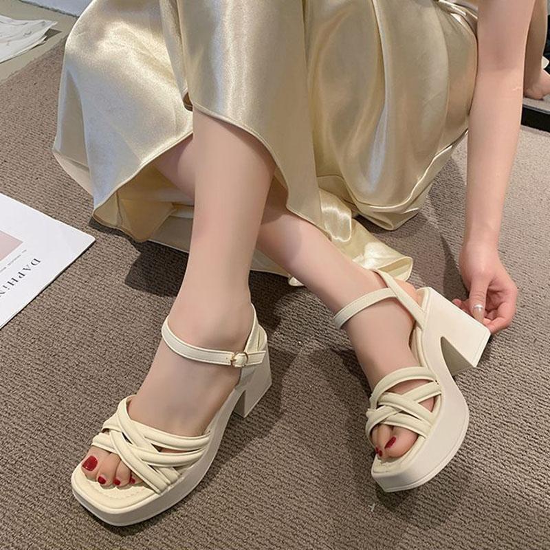 Summer Women's Sandals Elegant Ankle Strap Solid Color Square Toe Sandales Shoes Fashion Platform Black White Heeled Sandalias