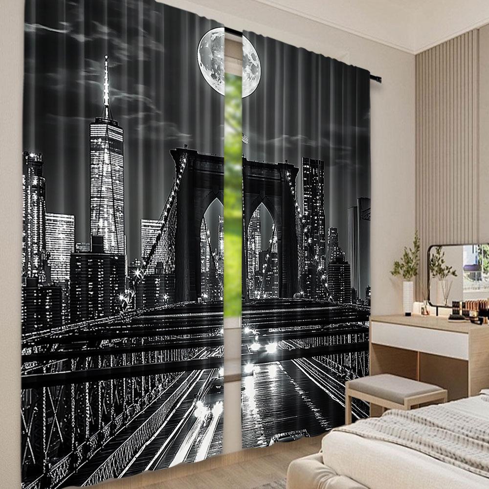 2 stk Svart og Hvit Gardin New York City Nattscene Byliv Brooklyn Manhattan Passer Til Soverom Stue Spisestue