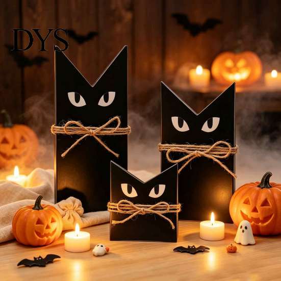 Solid Wood Craft 3 Pcs Halloween Black Cat Wooden Block Sign, Vintage Table Decoration Decorative Cutout with Burlap Rope, Rustic Farmhouse