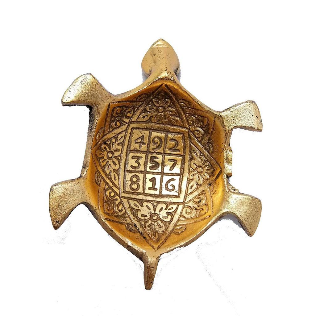 Metal Feng Shui Tortoise On Plate Fantasy Showpiece (Golden, Diameter: 5.5 Inch)