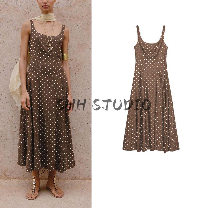 Summer New Product Women's Clothes American Square Collar Shoulder Strap with Linen Blend Polka Dot Midi Skirt Dress 8099510
