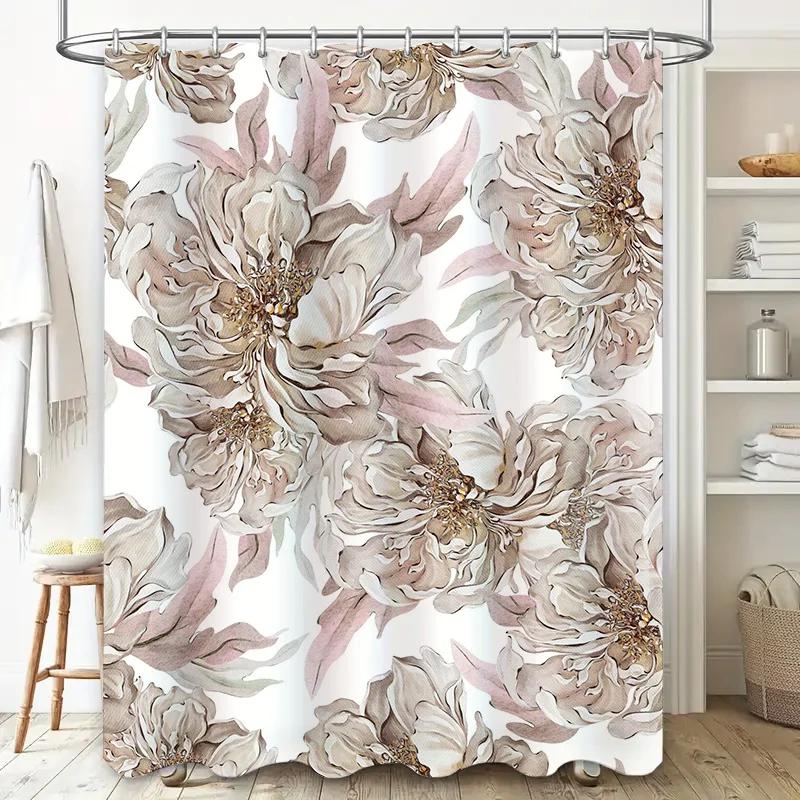 Luxury Floral Shower Curtain Bathroom Decor Cream Gold Printed Polyester Fabric Waterproof Easy Clean for Bathtub or Walk-In