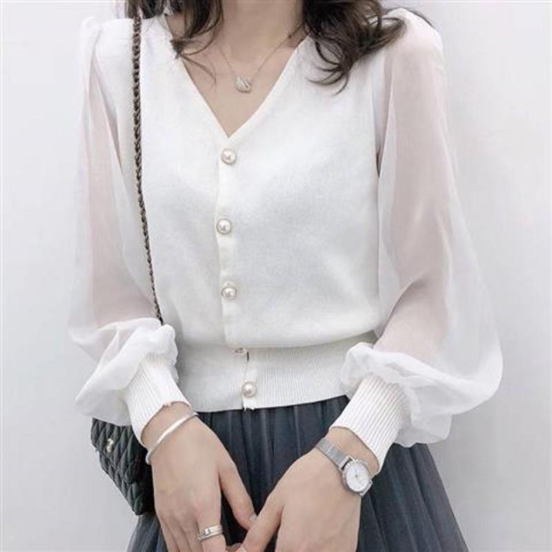 Lace Chiffon Knitted Top Women's Spring New Short Cardigan Summer Long Sleeve Underlay Fashion