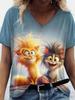 Neue Süße Katze Tier 3D Druck T-Shirts Mode Damen V-Ausschnitt Kurzarm T-Shirt Y2k Harajuku T-Shirts Lässige Oberteile Damenbekleidung