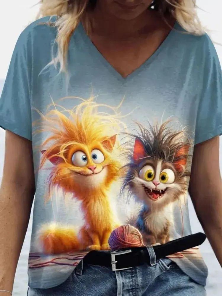 Neue Süße Katze Tier 3D Druck T-Shirts Mode Damen V-Ausschnitt Kurzarm T-Shirt Y2k Harajuku T-Shirts Lässige Oberteile Damenbekleidung